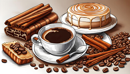 Delicious hot cup of coffee with cinnamon, coffee beans and cake, isolated on white background,