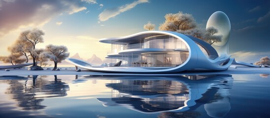 Poster - In their imaginative abstract 3D illustration, the talented artist depicted a futuristic house surrounded by a serene water landscape, showcasing the seamless integration of technology and