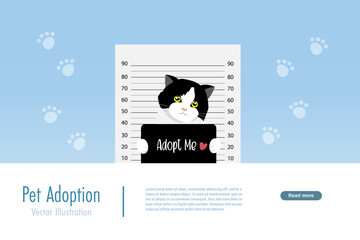 Pet adoption and animal shelter. Cat holding adopt me banner on mugshot background. Vector.