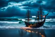 view of turbulent swells of a violent ocean storm, inside a glass bottle on the beach ม dramatic thunderous sky at dusk at center a closeup of large tall pirate ship with sails, breaking light 