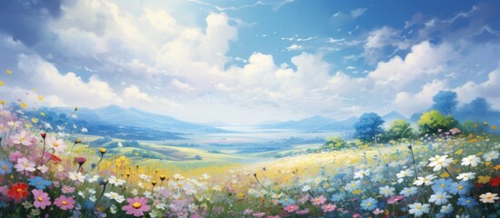 Wall Mural - In awe of the abstract design, the observer gazes at the sky, captivated by the vibrant colors of summer and the beauty of nature in full bloom during spring. The landscape, kissed by the warm light