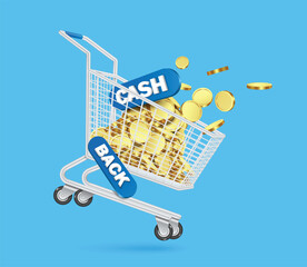 Wall Mural - A gold coins or money and blue cash back promotion sign is floating into a shopping cart all trolley for advertising design