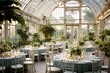 Wedding party gathering hall indoor venue restaurant table plants greenhouse