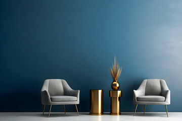 Blue wall background with chairs and golden table. Golden decor pot on round table, with two gray chairs. Interior decoration photography.