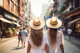 Fototapeta Uliczki - Back view of two young women with straw hats walking in the city