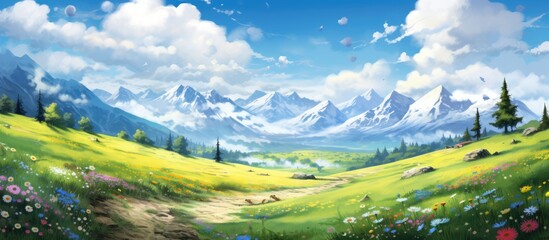 Sticker - In an idyllic summer landscape, the sky painted a brilliant blue, wispy clouds floated above the vibrant green grass and colorful flowers, creating a breathtaking illustration of natures beauty. The