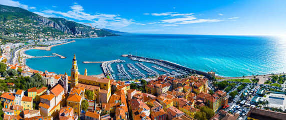 View of Menton, a town on the French Riviera in southeast France known for beaches and the Serre de la Madone garden