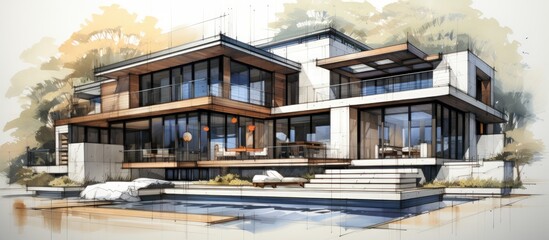 Canvas Print - The skilled designer meticulously crafted a stunning 3D concept for the luxurious urban house, incorporating modern architecture, precise geometric lines, and artistic wall designs, all showcased