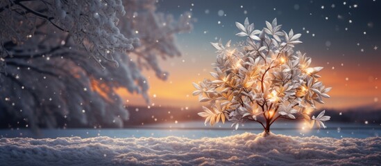 Poster - In the heart of winter, within the snowy landscape, a majestic tree stood tall in the forest, bedecked with Christmas lights, casting a warm glow against the white canvas of nature beneath the sun's