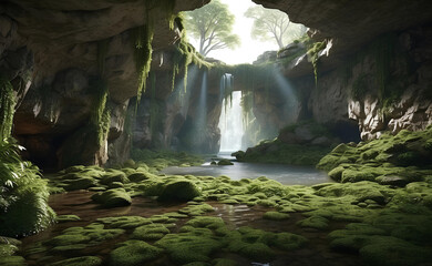  A beautiful rock cave with moss and plants.