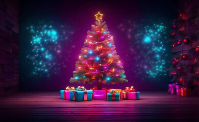 A colorful neon Christmas tree with many gifts.