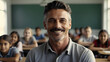 © Creative_Bringer - Smiling male teacher in a class with learning students on background.