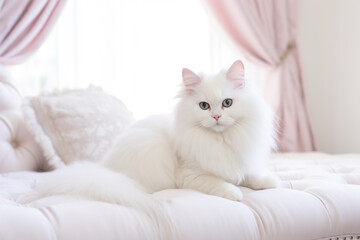 Canvas Print - White fluffy cat lying on the bed and looking at the camera