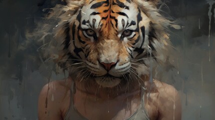 Wall Mural - woman tiger face tiger background wallpaper ai generated