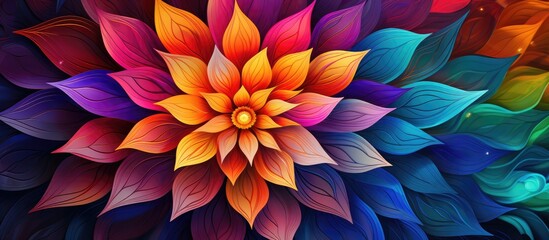 Poster - In the realm of fashion, an abstract illustration of a flower takes center stage, its intricate geometric petals forming a colorful mandala design, creating a modern, lively piece of art. The vibrant