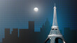 Eiffel tower wallpaper with silhouette of the cityscape under the moon in the night. Grid art style.