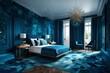 Shape a mesmerizing 3D room in the blend of Aquamarine Blue and Argentina Blue, bathed in the cosmic radiance of Astros Navy.