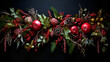 red christmas balls on black background, Lush festive garland of fir pine branches with red berries apples and evergreen foliage