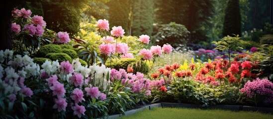 The garden is filled with an abundance of colorful flowers, vibrant green plants, and fresh natural fragrances.