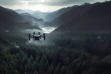Drone Photo Flying Over A Mountain In The Middle Of The Forest. Generative Ai