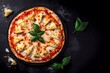 margerita pizza on black stone background, top view, margarita pizza with pineapple and mozzarella cheese. generative ai