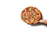 Fototapeta  - hand holding Italian pizza on white background. generative ai