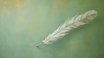 Wall Mural - A painting of a white feather on a green background. Generative AI.