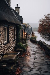 Wall Mural - A stone path leads to a cottage by the water. Generative AI.