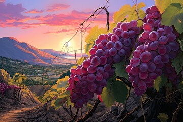 Wall Mural - Grape Color Symphony: A Vibrant Vineyard Landscape Painting