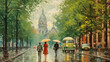 oil painting on canvas european city. Hungary. street view of Budapest. Artwork. people under a umbrella. Tree in the evening