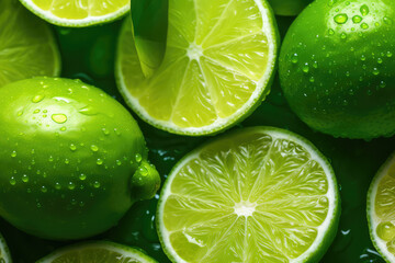 Wall Mural - Green lime with cut in half and slices.