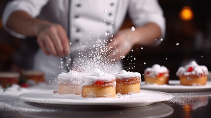 Chef cooking desserts in professional kitchen. Chef cook in a professional kitchen cooking cakes. Close up a cakes sprinkled with icing sugar