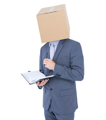 Poster - Digital png photo of caucasian businessman with box on head on transparent background