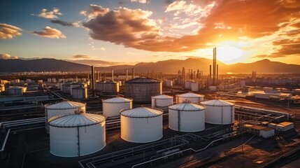 Aufkleber - Oil refinery plant with beautiful sky sunset, Aerial view of oil storage tank with oil refinery factory industrial.