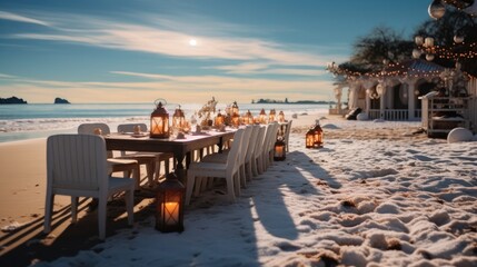 Wall Mural - Outdoor Christmas celebration on the beach at sunset.