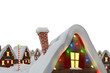Digital png illustration of cottages with snow and christmas lights on transparent background