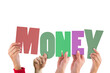 Digital png illustration of hands with money text on transparent background