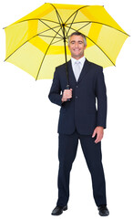 Aufkleber - digital png photo of happy caucasian businessman with yellow umbrella on transparent background