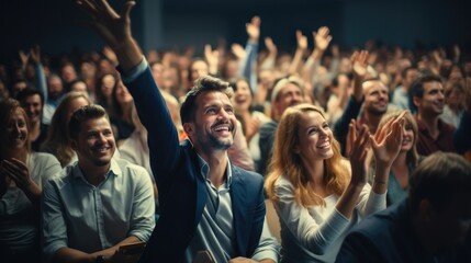 Poster - People cheering in lecture hall.