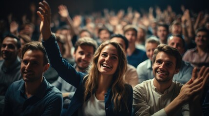 Poster - People cheering in lecture hall.