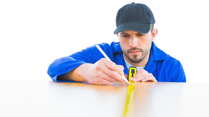 Poster - Digital png photo of caucasian male worker measuring table on transparent background
