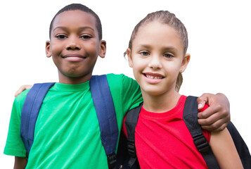 Poster - Digital png photo of diverse schoolchildren embracing on transparent background