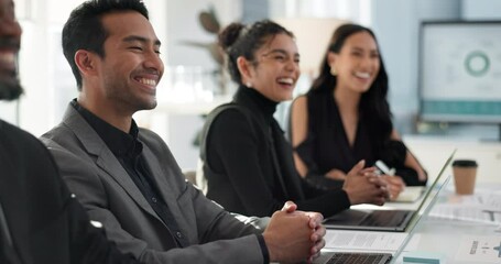 Canvas Print - Meeting, happy business people listening and planning in office for b2b project with smile and collaboration. Audience, men and women at workshop in corporate training, attention and working together