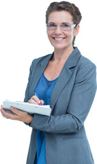 Wall Mural - Digital png photo of caucasian businesswoman writing on clipboard on transparent background