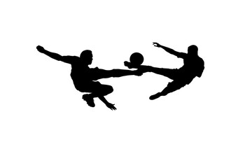 Poster - Digital png illustration of silhouettes of male footballers with ball on transparent background