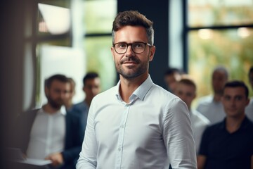 Aufkleber - A positive man in shirt giving a presentation in front of a meeting.