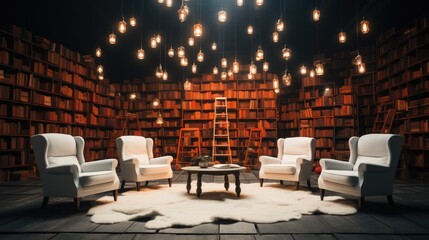 Wall Mural - An empty stage with many chairs around it and a number of books on it.