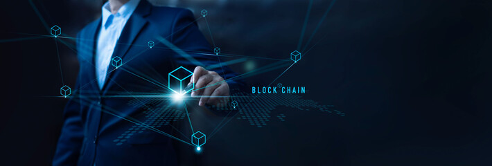 Sticker - Blockchain technology, Businessman touch blockchain icon on structure global network. Chain of encrypted blocks to secure of business data information of global connected. cyber Security computing.