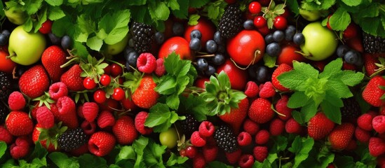 Wall Mural - beautiful natural garden, adorned with vibrant red fruits and lush green leaves, the top view captures the health-conscious persons dedication to a healthy summer diet, emphasizing the importance of a