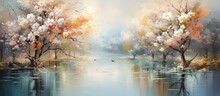In The Abstract Painting, Vibrant Flowers Bloom Near The Serene Water's Edge, Beneath A Golden Sky, Capturing The Essence Of Nature's Bounty. The Towering Trees Of Spring Stand Tall, Reaching Towards